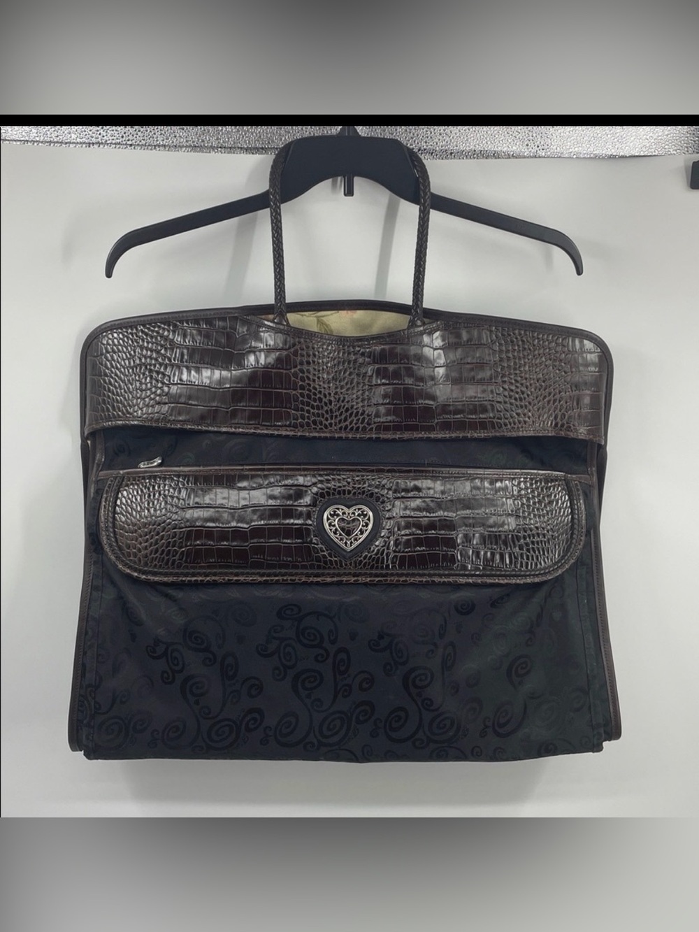 Brighton brown black braided leather trim heart travel garment luggage bag